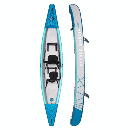 Tandem inflatable kayak with drop stitch material, blue and white, two seats