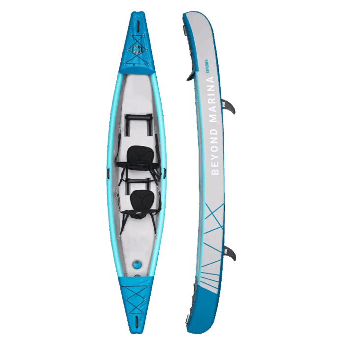 Tandem inflatable kayak with drop stitch material, blue and white, two seats