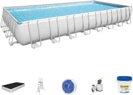 Bestway  31ft x 16ft x 52in Steel Frame Above Ground Swimming Pool Set with 2000 GPH Sand Filter Pump, Pool Cover, Ladder, and Solution Blend