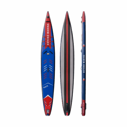 Inflatable paddle board with paddle on red and blue board, Beyond Marina RACING UNO.