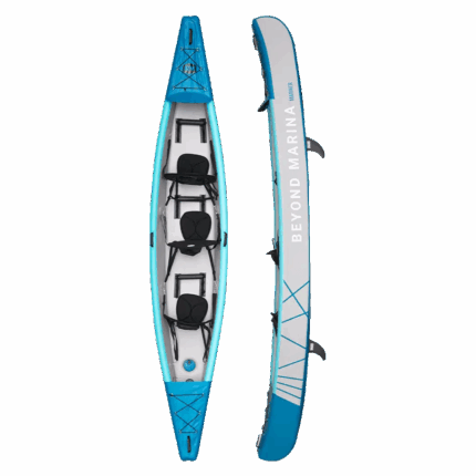 Triple inflatable kayak for adventure: 15’3’ Mariner, blue & white, three-person capacity