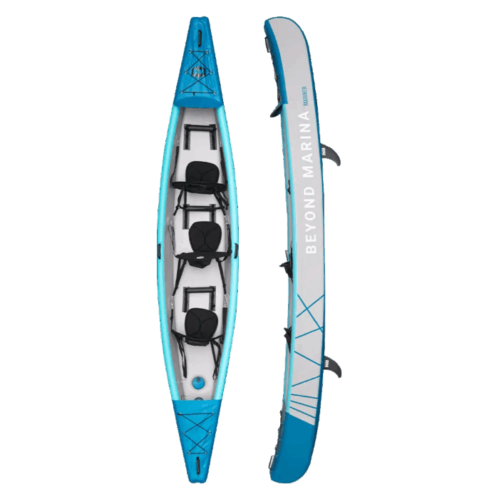 Triple inflatable kayak for adventure: 15’3’ Mariner, blue & white, three-person capacity