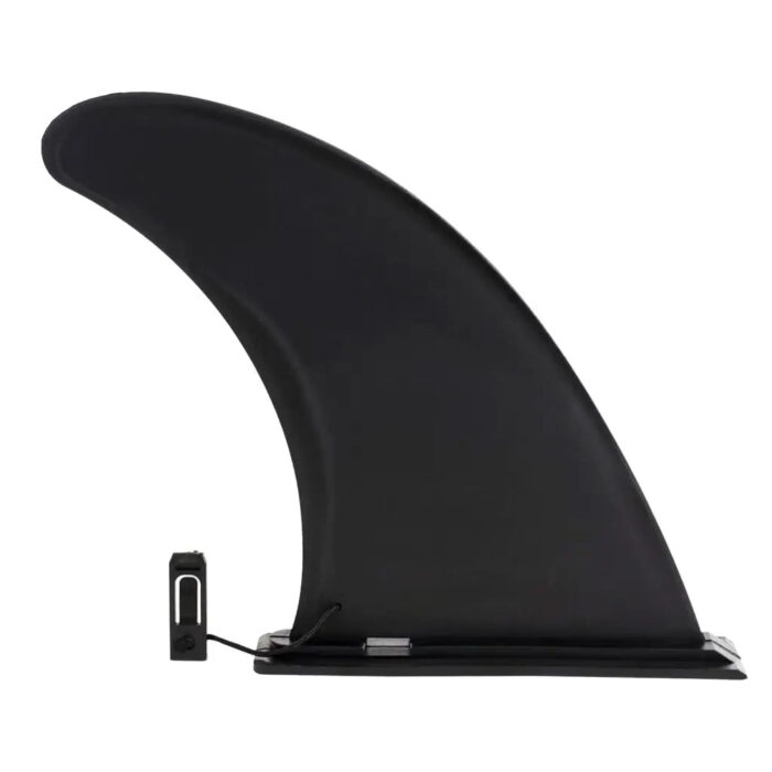 Black surfboard fin with attachment for removable center fin on SUP and inflatable paddle board