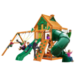 Gorilla Playsets Mountaineer Treehouse Wooden Swing Set with Tube Slide and Sandbox