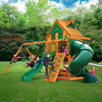 Gorilla Playsets Mountaineer Treehouse Wooden Swing Set with Tube Slide, Rope Ladder, and Sandbox - Image 4